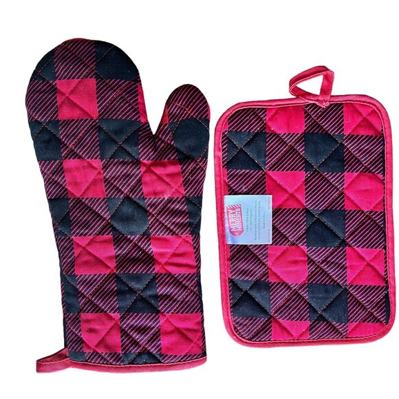 Lumberjack Red Black Plaid Pattern Oven Mitt& Pot Holder Christmas Cabin Kitchen - Picture 4 of 7
